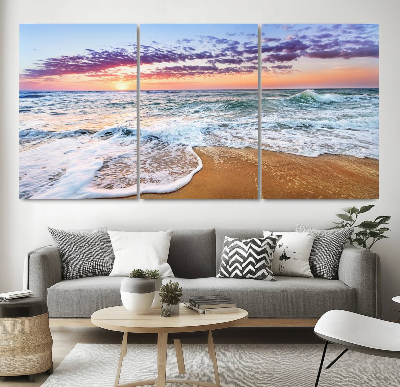 44120-MGV-CV-60X30-3P-Vivid Sunset Ocean Waves Wall Art Print, Coastal Beach Canvas Print, Triptych Sunset Beach Art for