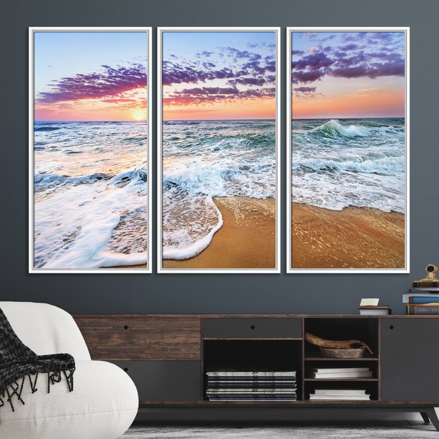 44120-MGV-FC-48X32-3P_White-Vivid Sunset Ocean Waves Wall Art Print, Coastal Beach Canvas Print, Triptych Sunset Beach Art for