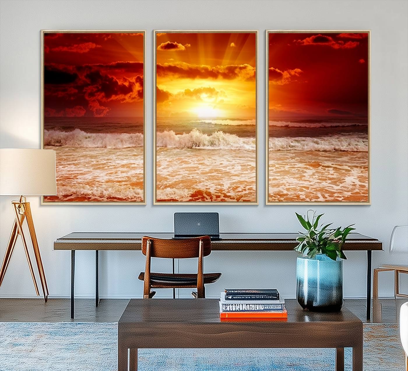 21012-MGV-FC-48X32-3P_Natural-Wall Art Canvas Perfect Sunset Turns Colour of Sea and Sky to Red