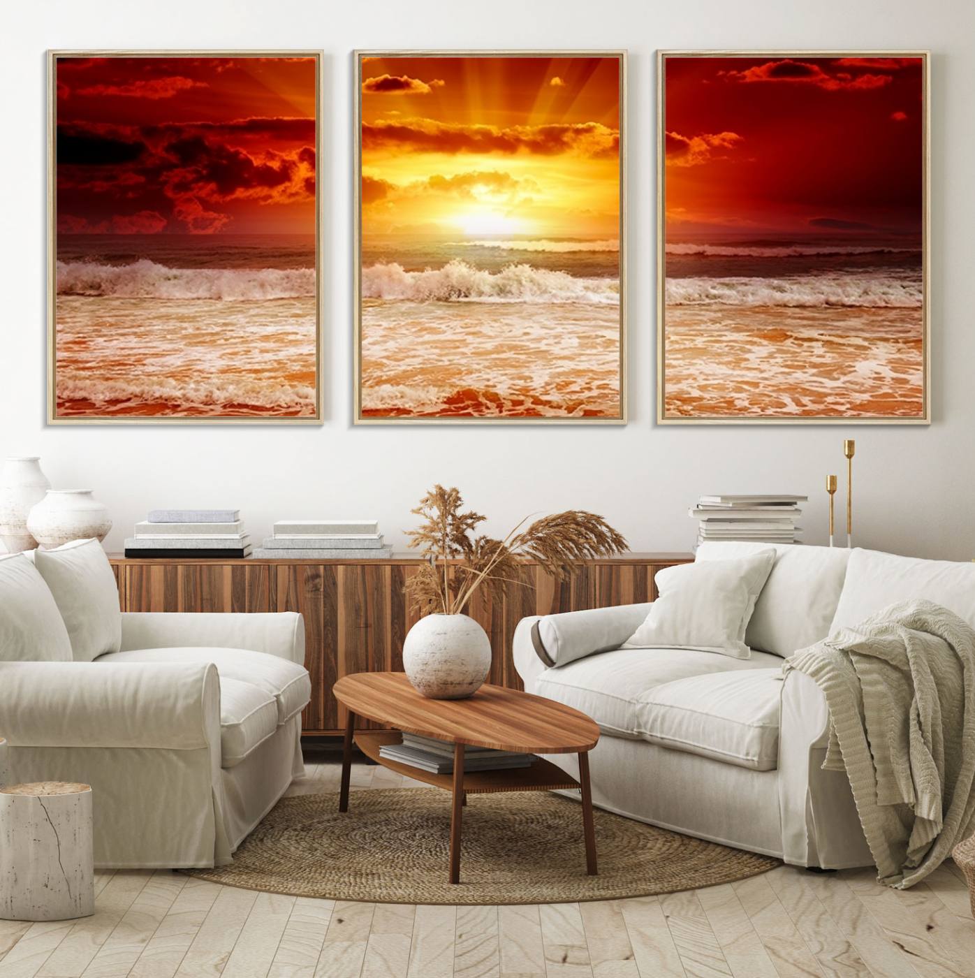 21012-MGV-FC-60X30-3P_Natural-Wall Art Canvas Perfect Sunset Turns Colour of Sea and Sky to Red