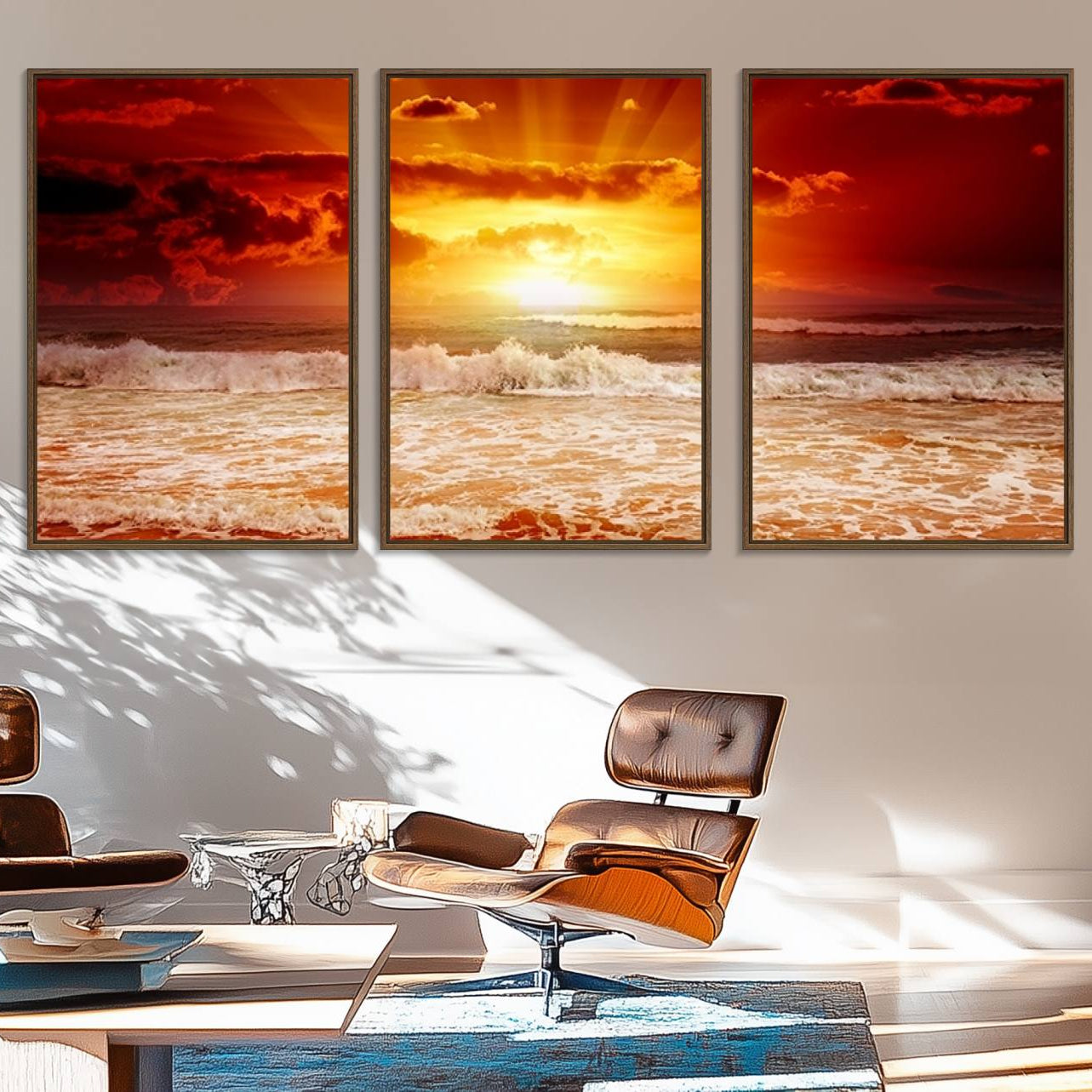 21012-MGV-FC-60X30-3P_Walnut-Wall Art Canvas Perfect Sunset Turns Colour of Sea and Sky to Red