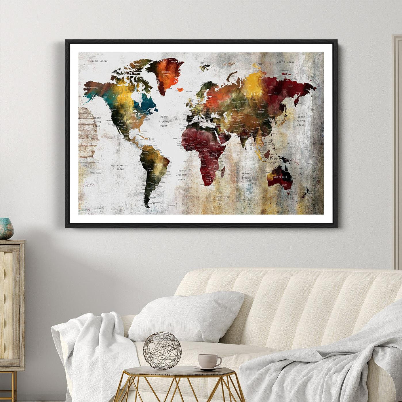 37237-MGC-FP-36x24_Black-Rustic World Map Canvas Print – Framed Push Pin Wall Art for Couples, Vintage Colorful Travel Map Artwork for Stylish Home and Office Decor