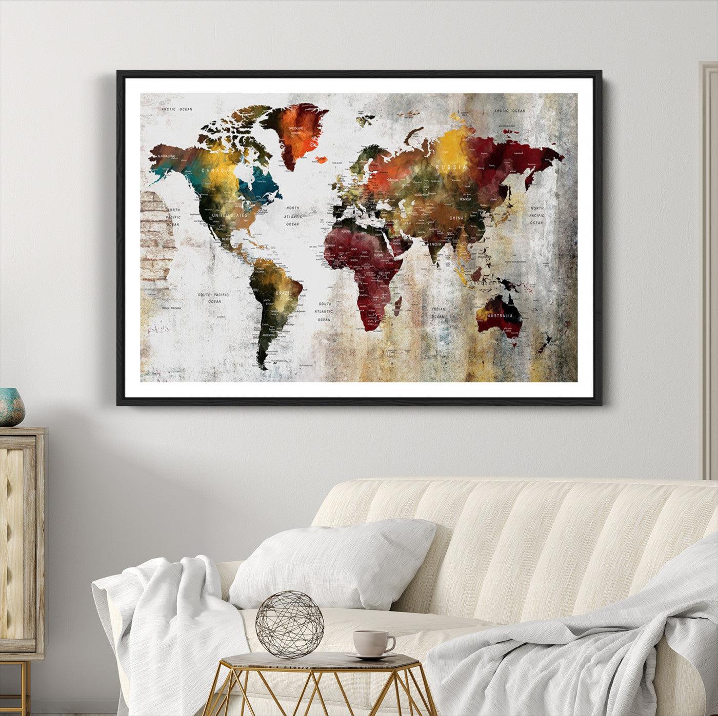 37237-MGC-FP-36x24_Black-Rustic World Map Canvas Print – Framed Push Pin Wall Art for Couples, Vintage Colorful Travel Map Artwork for Stylish Home and Office Decor