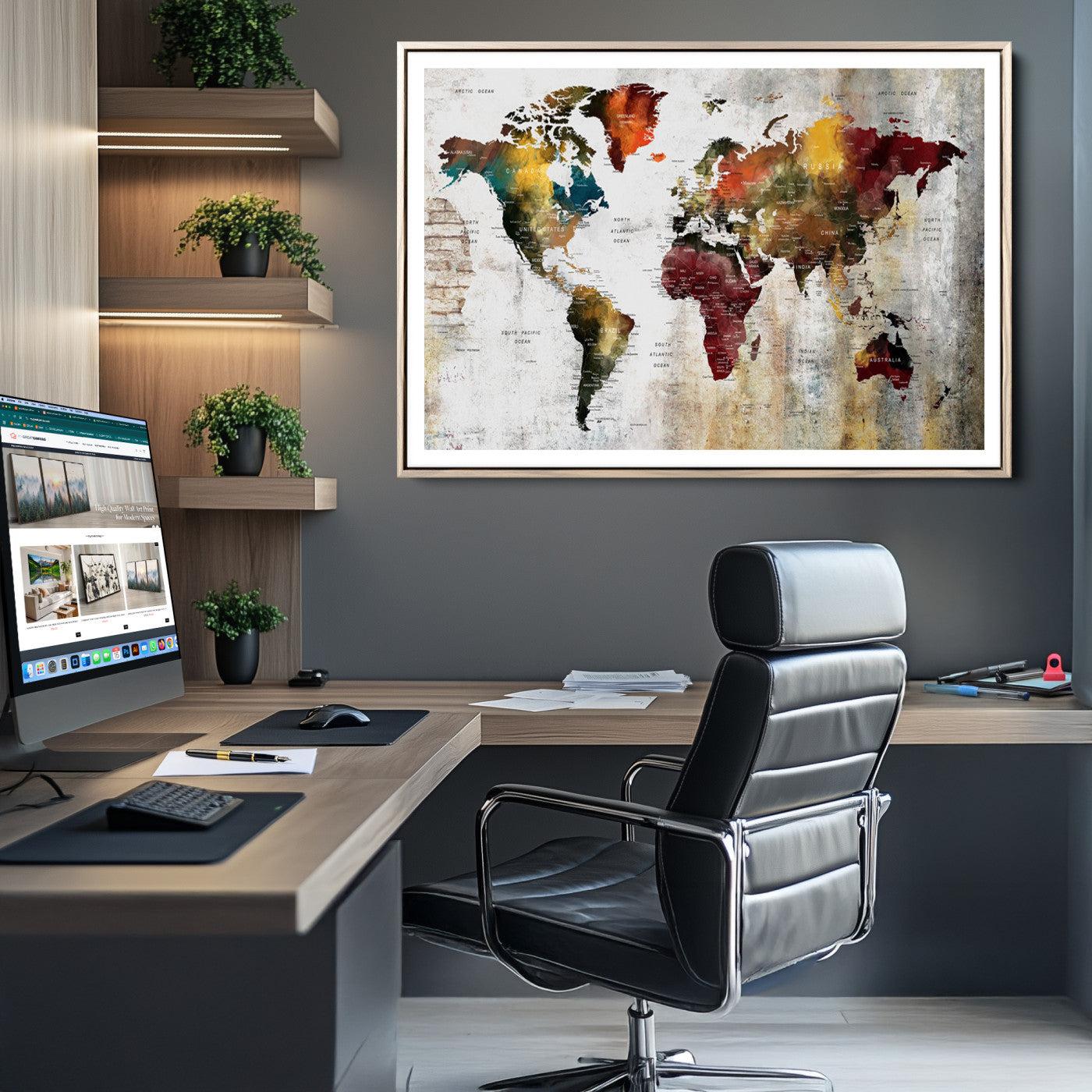 37237-MGV-CV-36X24-Rustic World Map Canvas Print – Framed Push Pin Wall Art for Couples, Vintage Colorful Travel Map Artwork for Stylish Home and Office Decor