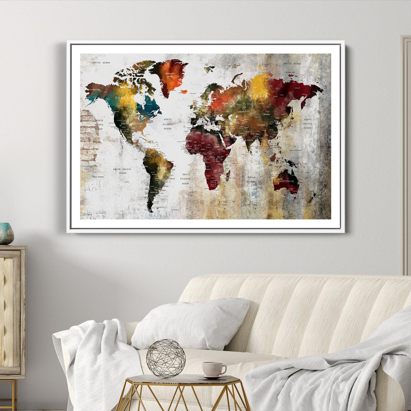 37237-MGC-FP-36x24_White-Rustic World Map Canvas Print – Framed Push Pin Wall Art for Couples, Vintage Colorful Travel Map Artwork for Stylish Home and Office Decor