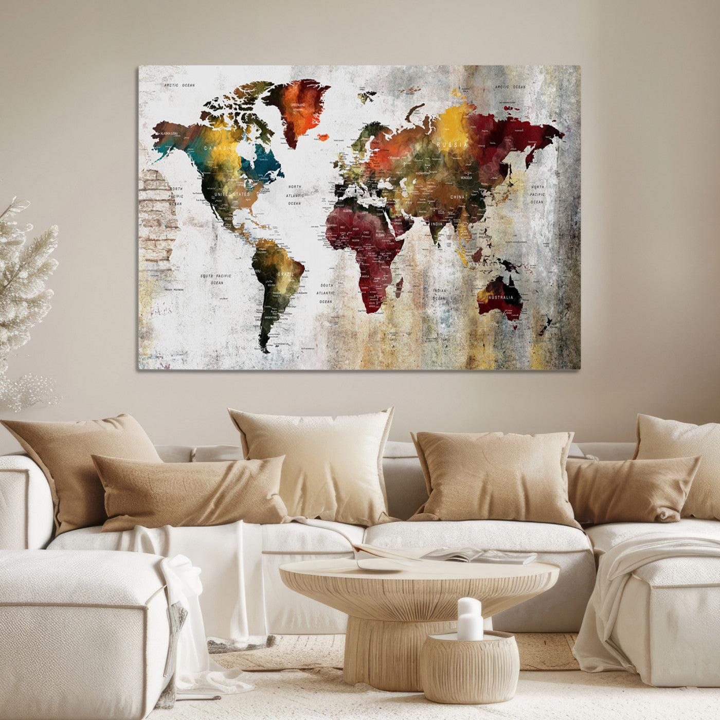 37237-MGV-CV-36X24-Rustic World Map Canvas Print – Framed Push Pin Wall Art for Couples, Vintage Colorful Travel Map Artwork for Stylish Home and Office Decor