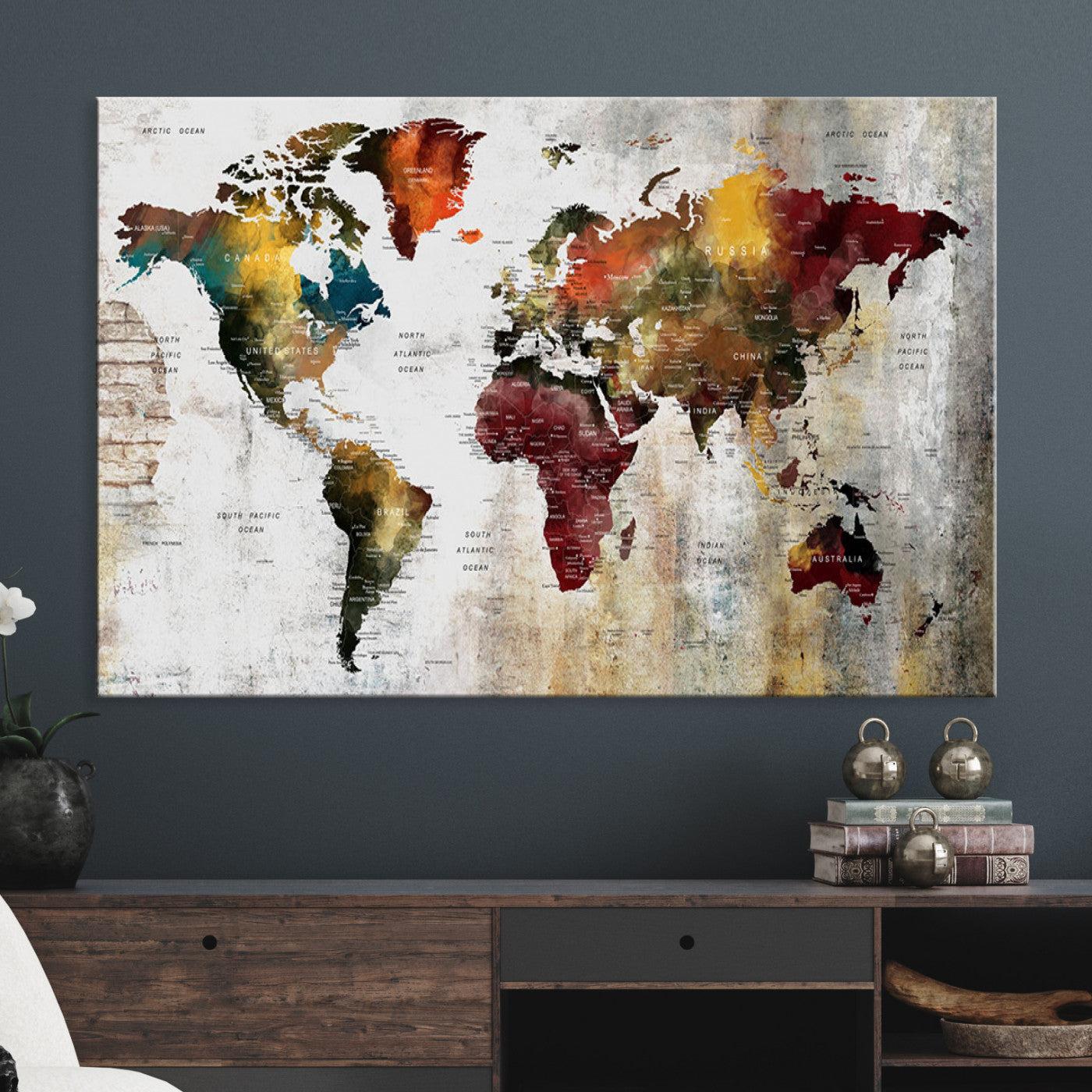 37237-MGV-CV-36X24-Rustic World Map Canvas Print – Framed Push Pin Wall Art for Couples, Vintage Colorful Travel Map Artwork for Stylish Home and Office Decor