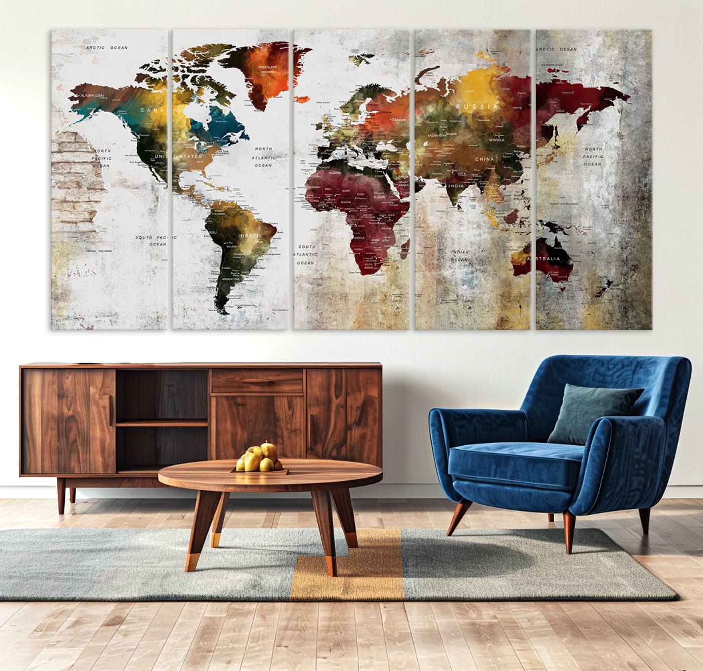 37237-MGV-CV-36X24-Rustic World Map Canvas Print – Framed Push Pin Wall Art for Couples, Vintage Colorful Travel Map Artwork for Stylish Home and Office Decor