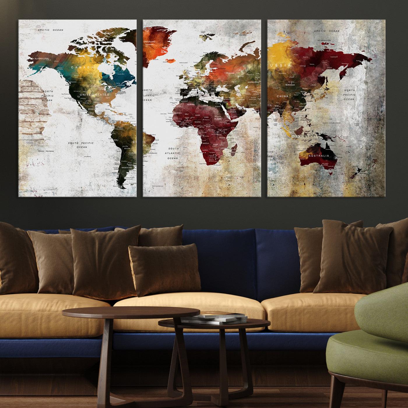 37237-MGV-CV-36X24-Rustic World Map Canvas Print – Framed Push Pin Wall Art for Couples, Vintage Colorful Travel Map Artwork for Stylish Home and Office Decor