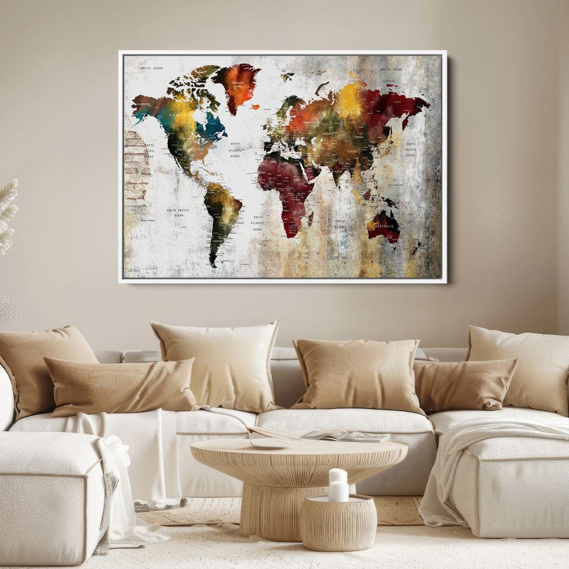 37237-MGV-CV-36X24-Rustic World Map Canvas Print – Framed Push Pin Wall Art for Couples, Vintage Colorful Travel Map Artwork for Stylish Home and Office Decor