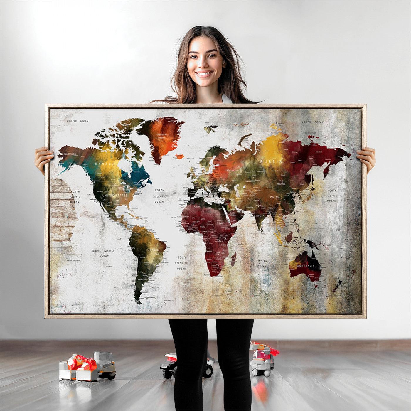 37237-MGV-CV-36X24-Rustic World Map Canvas Print – Framed Push Pin Wall Art for Couples, Vintage Colorful Travel Map Artwork for Stylish Home and Office Decor
