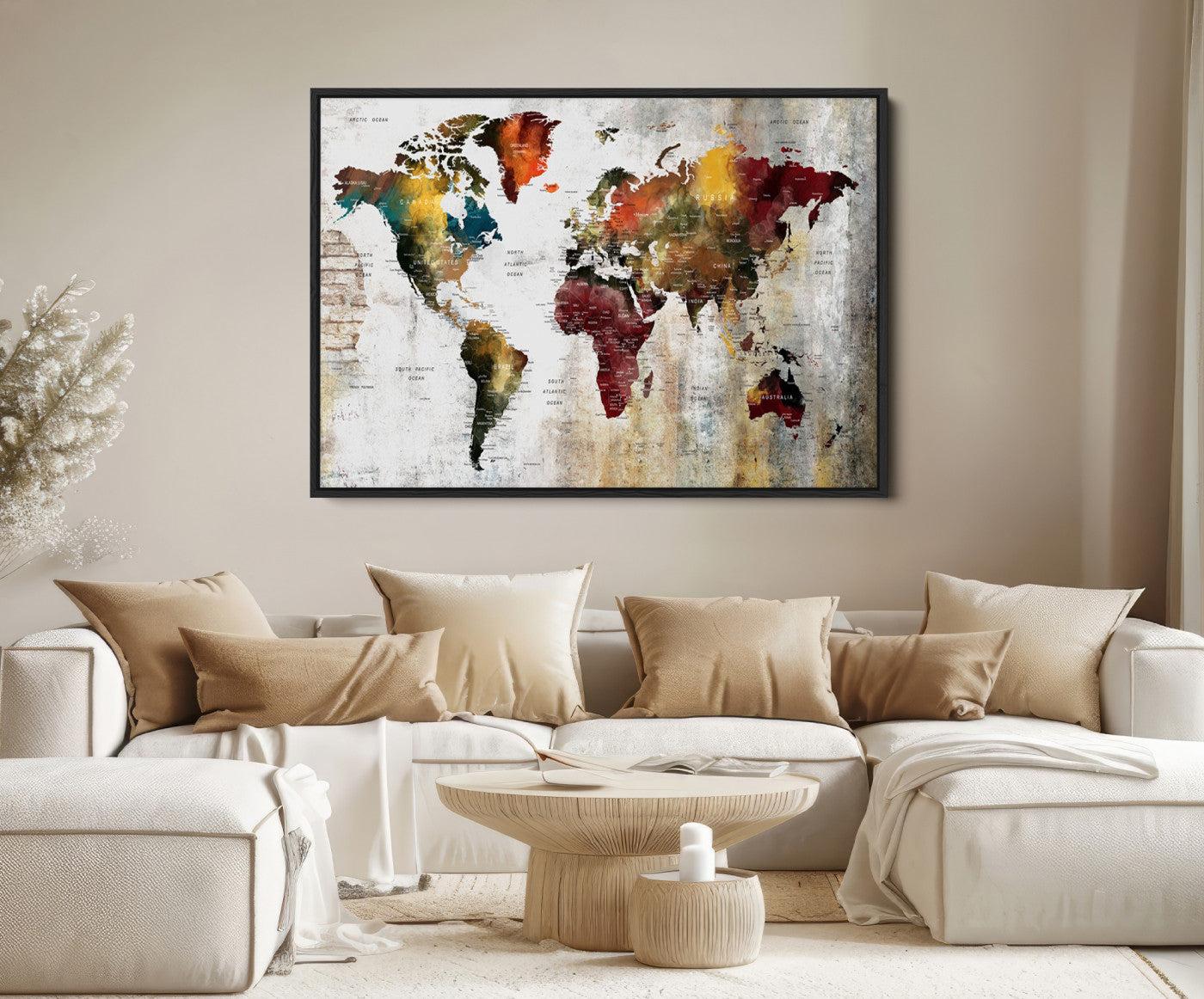 37237-MGV-CV-36X24-Rustic World Map Canvas Print – Framed Push Pin Wall Art for Couples, Vintage Colorful Travel Map Artwork for Stylish Home and Office Decor