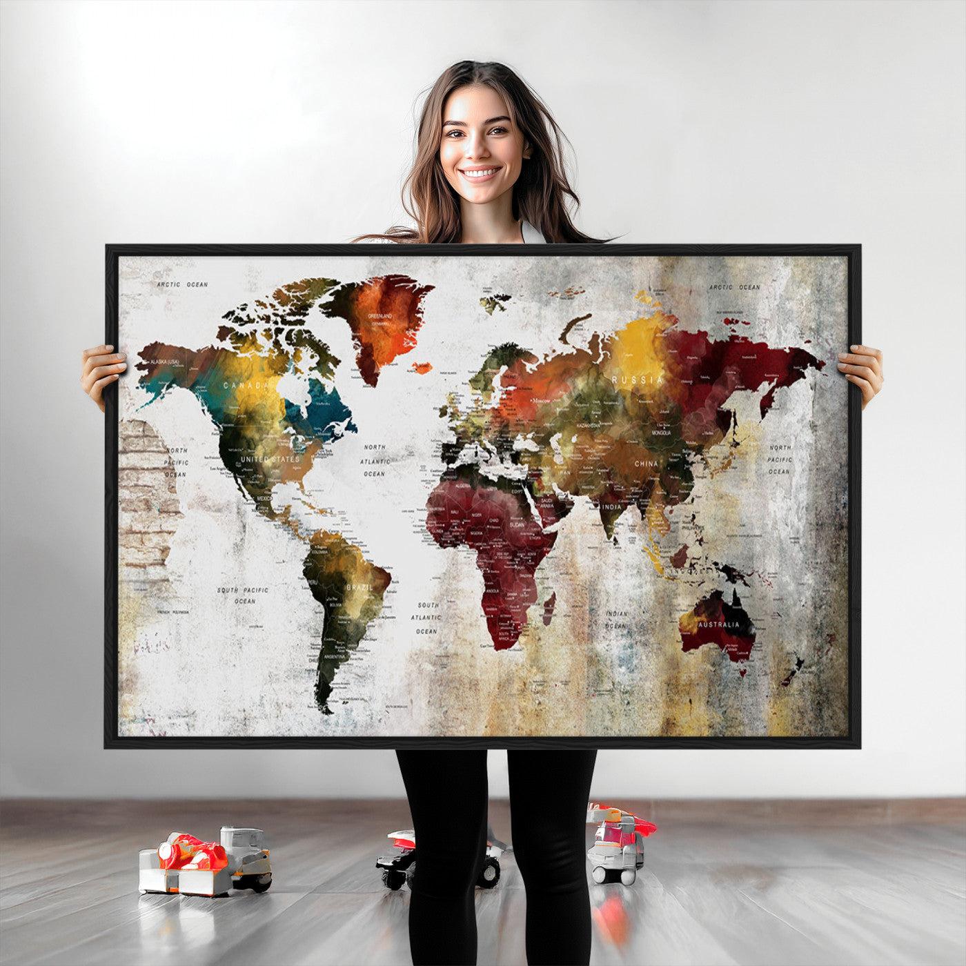 37237-MGV-CV-36X24-Rustic World Map Canvas Print – Framed Push Pin Wall Art for Couples, Vintage Colorful Travel Map Artwork for Stylish Home and Office Decor