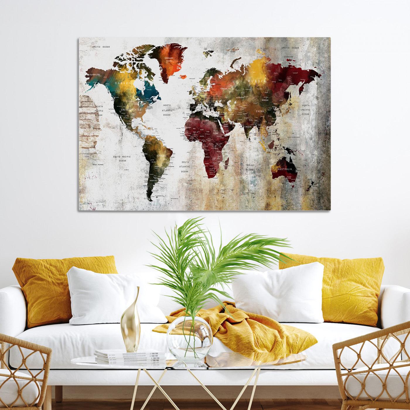 37237-MGV-CV-36X24-Rustic World Map Canvas Print – Framed Push Pin Wall Art for Couples, Vintage Colorful Travel Map Artwork for Stylish Home and Office Decor