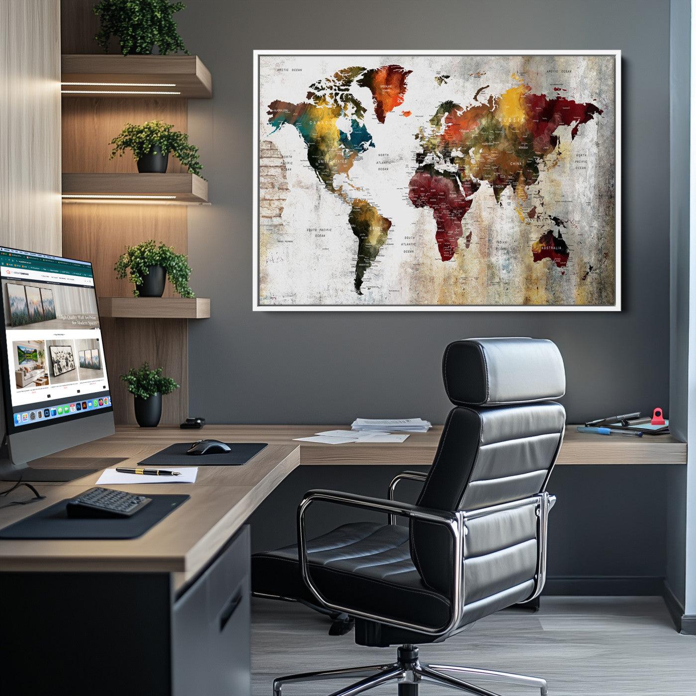 37237-MGV-CV-36X24-Rustic World Map Canvas Print – Framed Push Pin Wall Art for Couples, Vintage Colorful Travel Map Artwork for Stylish Home and Office Decor