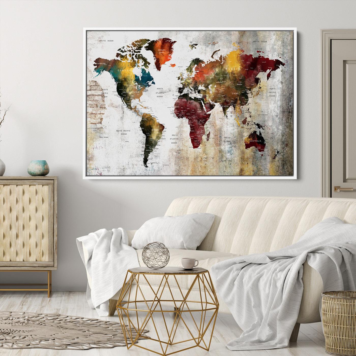 37237-MGV-CV-36X24-Rustic World Map Canvas Print – Framed Push Pin Wall Art for Couples, Vintage Colorful Travel Map Artwork for Stylish Home and Office Decor