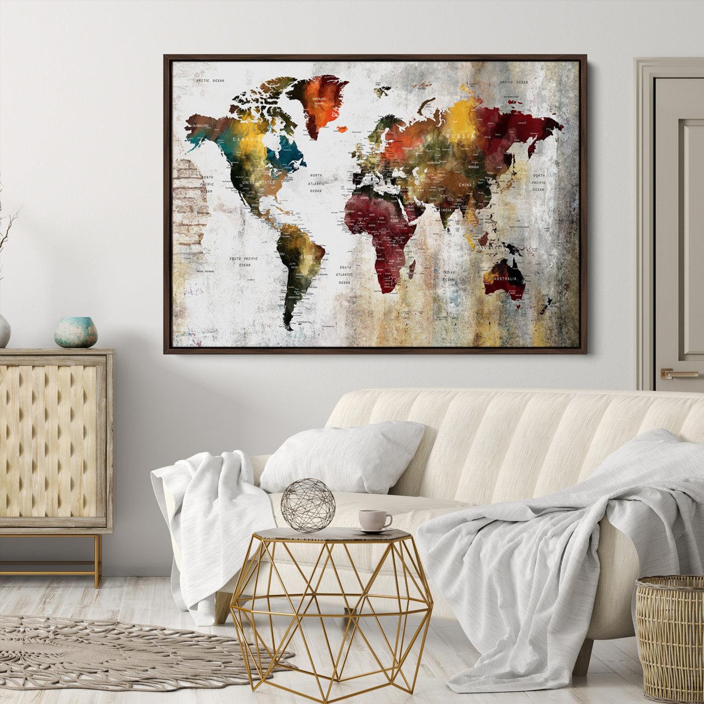 37237-MGV-CV-36X24-Rustic World Map Canvas Print – Framed Push Pin Wall Art for Couples, Vintage Colorful Travel Map Artwork for Stylish Home and Office Decor