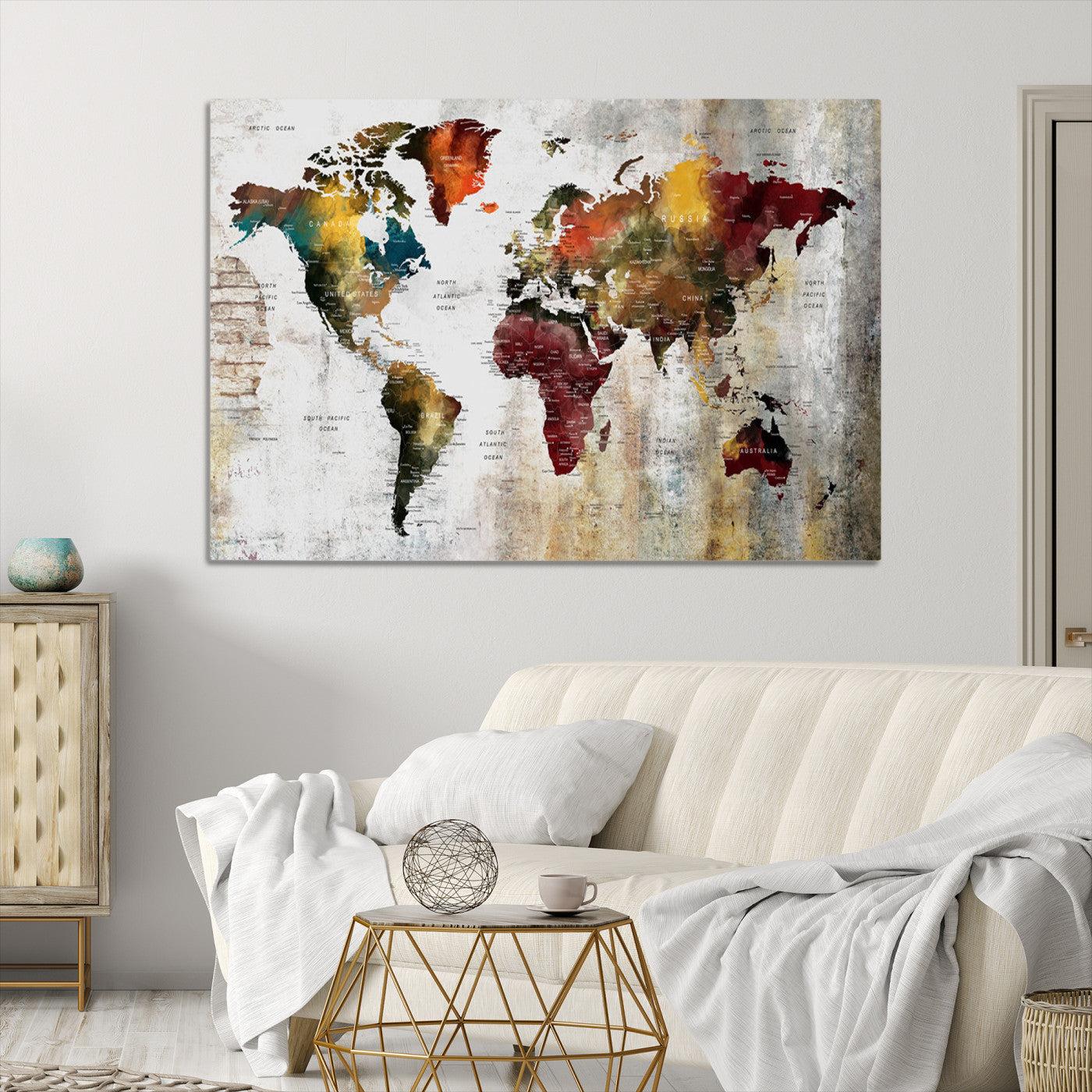 37237-MGV-CV-36X24-Rustic World Map Canvas Print – Framed Push Pin Wall Art for Couples, Vintage Colorful Travel Map Artwork for Stylish Home and Office Decor