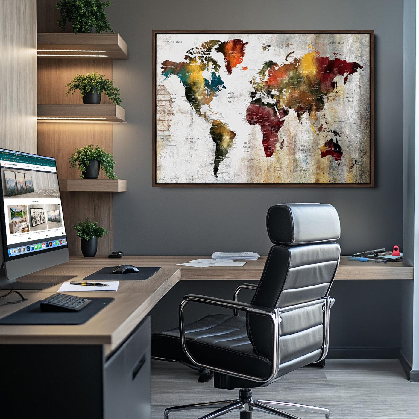 37237-MGV-CV-36X24-Rustic World Map Canvas Print – Framed Push Pin Wall Art for Couples, Vintage Colorful Travel Map Artwork for Stylish Home and Office Decor