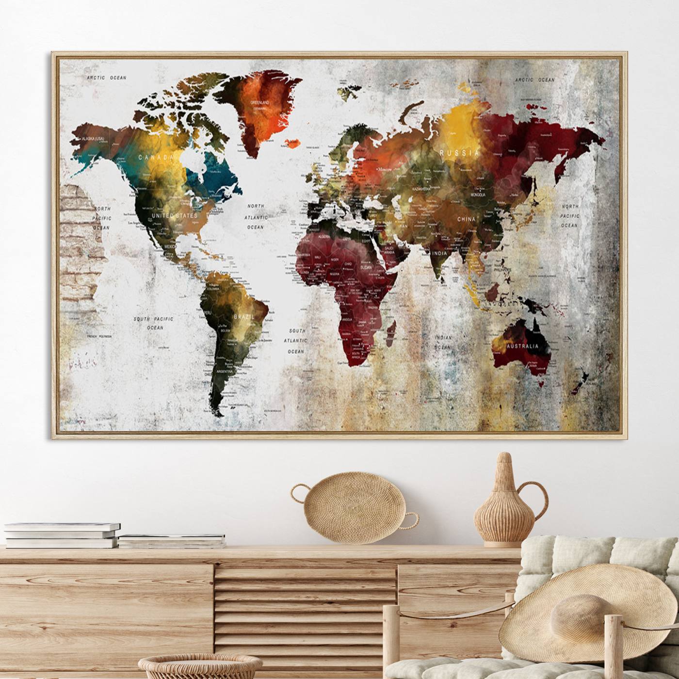 37237-MGV-CV-36X24-Rustic World Map Canvas Print – Framed Push Pin Wall Art for Couples, Vintage Colorful Travel Map Artwork for Stylish Home and Office Decor