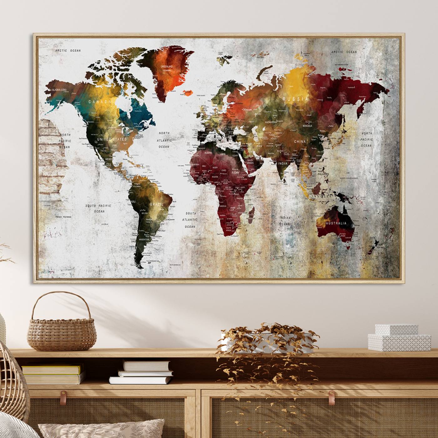 37237-MGV-CV-36X24-Rustic World Map Canvas Print – Framed Push Pin Wall Art for Couples, Vintage Colorful Travel Map Artwork for Stylish Home and Office Decor
