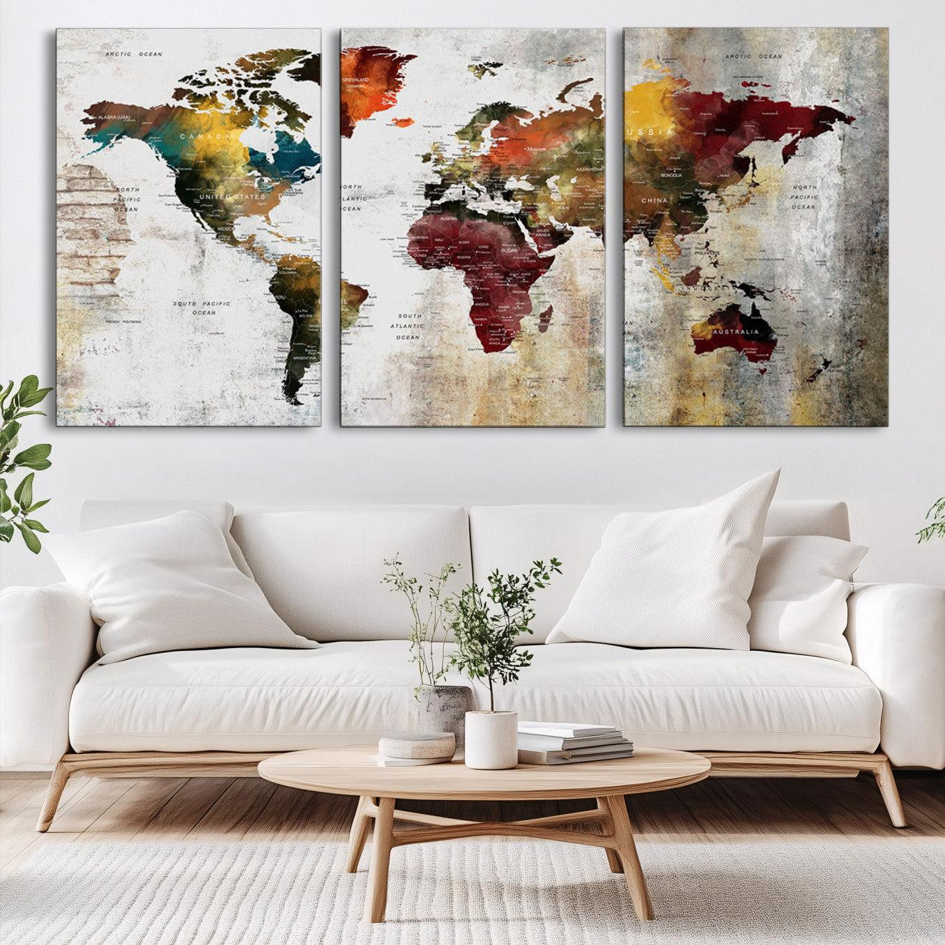 37237-MGV-CV-36X24-Rustic World Map Canvas Print – Framed Push Pin Wall Art for Couples, Vintage Colorful Travel Map Artwork for Stylish Home and Office Decor
