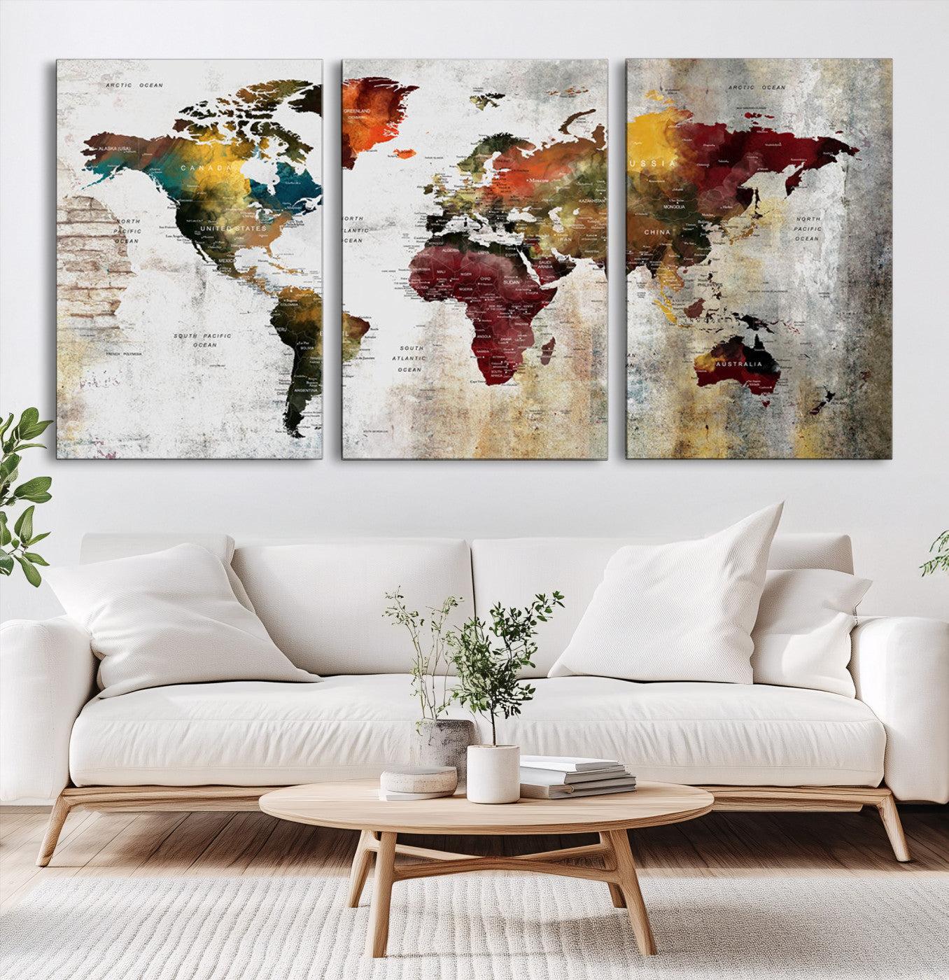 37237-MGV-CV-36X24-Rustic World Map Canvas Print – Framed Push Pin Wall Art for Couples, Vintage Colorful Travel Map Artwork for Stylish Home and Office Decor