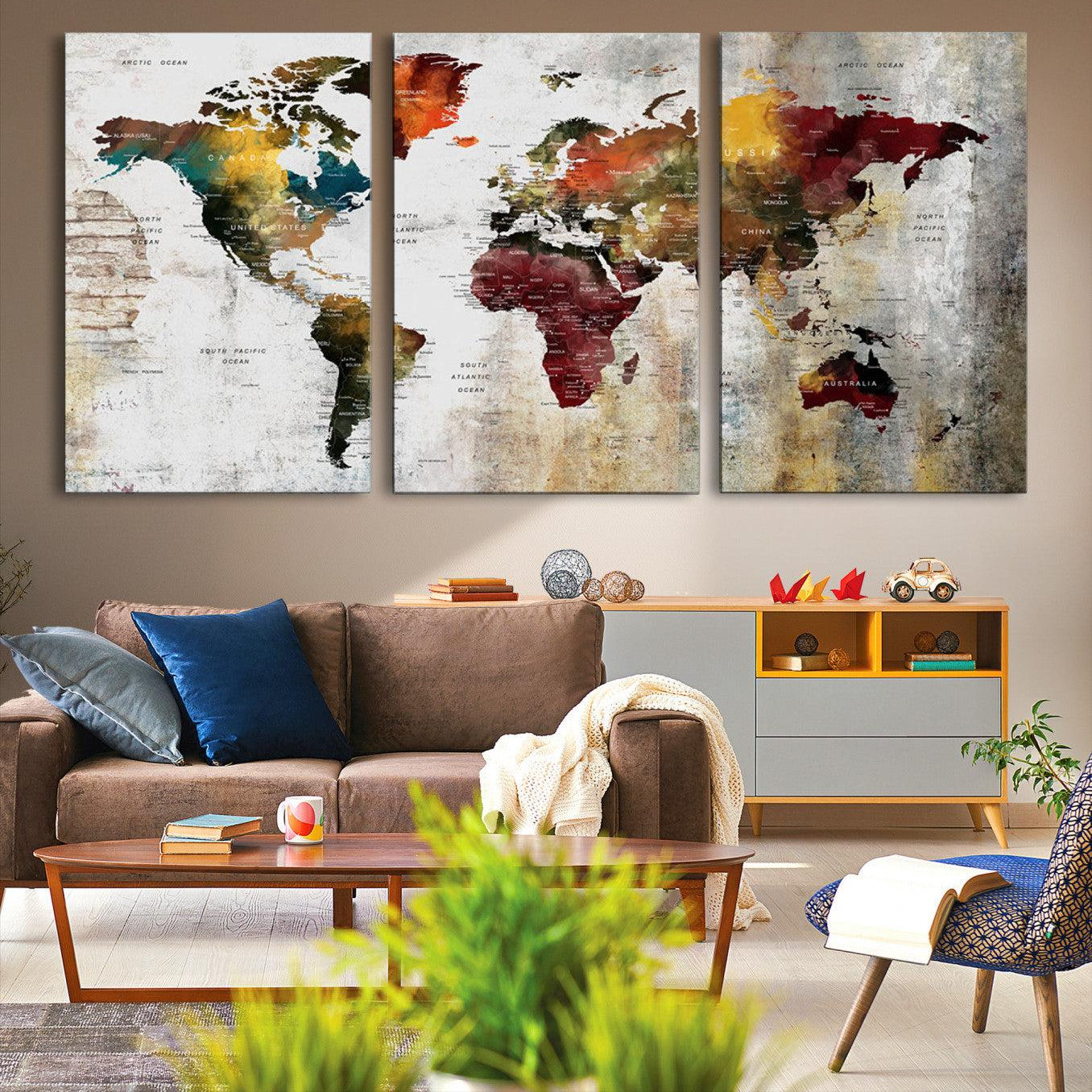 37237-MGV-CV-36X24-Rustic World Map Canvas Print – Framed Push Pin Wall Art for Couples, Vintage Colorful Travel Map Artwork for Stylish Home and Office Decor
