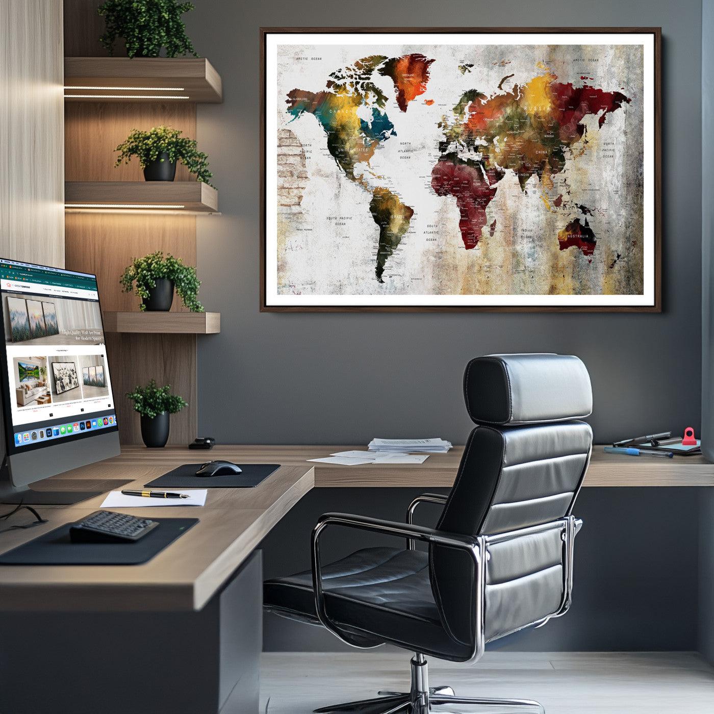 37237-MGV-CV-36X24-Rustic World Map Canvas Print – Framed Push Pin Wall Art for Couples, Vintage Colorful Travel Map Artwork for Stylish Home and Office Decor