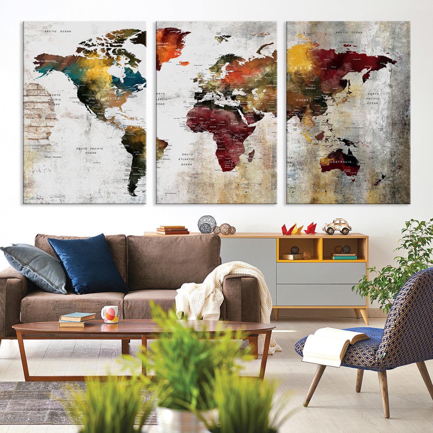 37237-MGV-CV-36X24-Rustic World Map Canvas Print – Framed Push Pin Wall Art for Couples, Vintage Colorful Travel Map Artwork for Stylish Home and Office Decor
