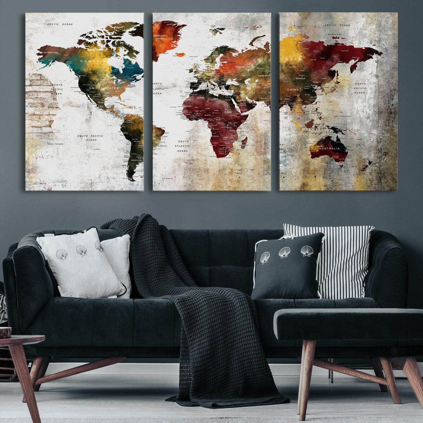 37237-MGV-CV-36X24-Rustic World Map Canvas Print – Framed Push Pin Wall Art for Couples, Vintage Colorful Travel Map Artwork for Stylish Home and Office Decor