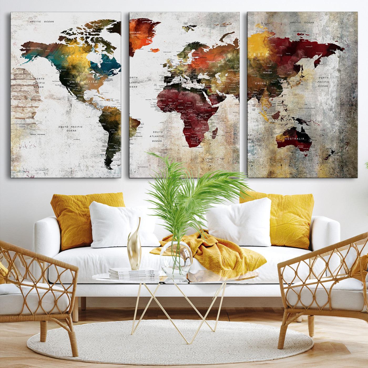 37237-MGV-CV-36X24-Rustic World Map Canvas Print – Framed Push Pin Wall Art for Couples, Vintage Colorful Travel Map Artwork for Stylish Home and Office Decor