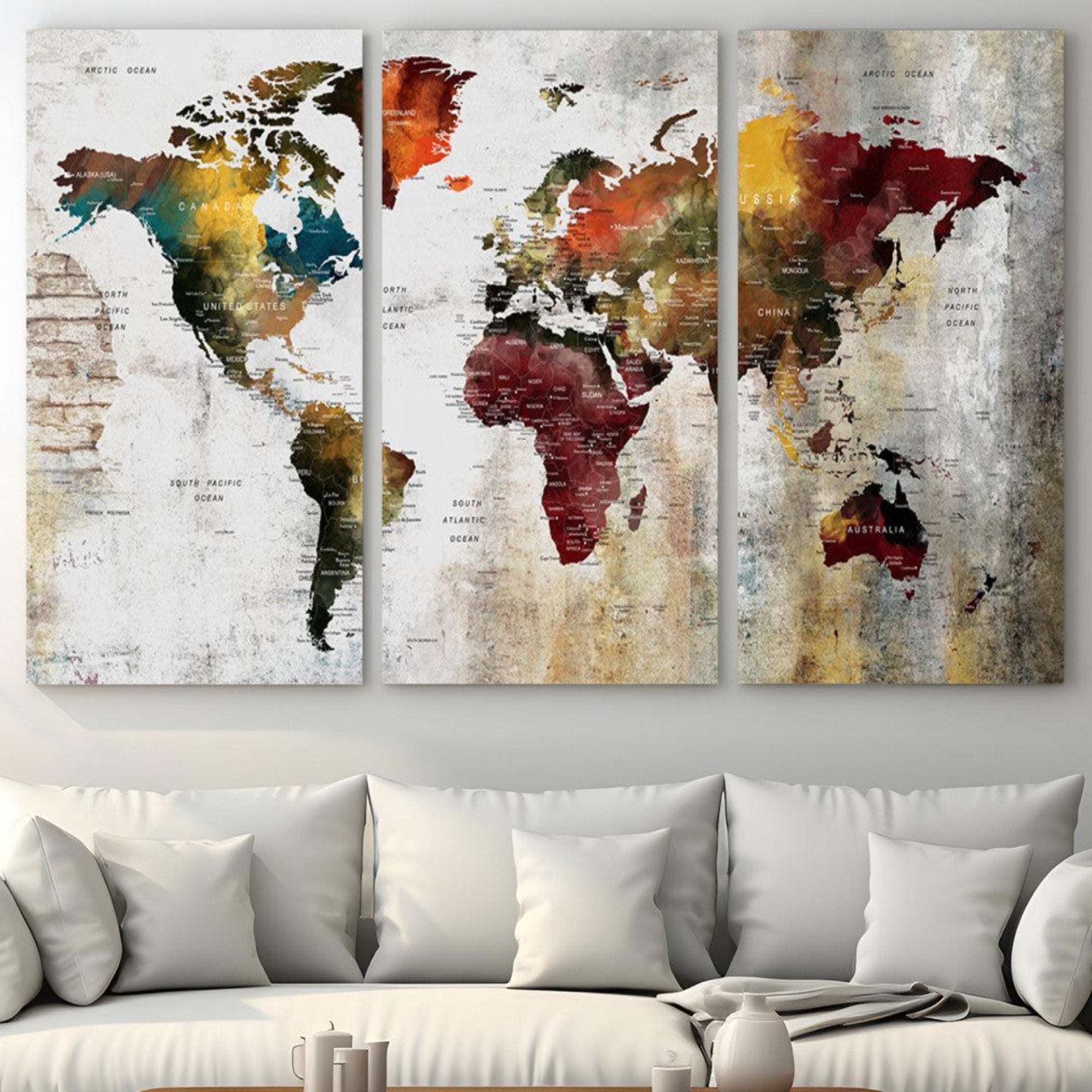 37237-MGV-CV-36X24-Rustic World Map Canvas Print – Framed Push Pin Wall Art for Couples, Vintage Colorful Travel Map Artwork for Stylish Home and Office Decor