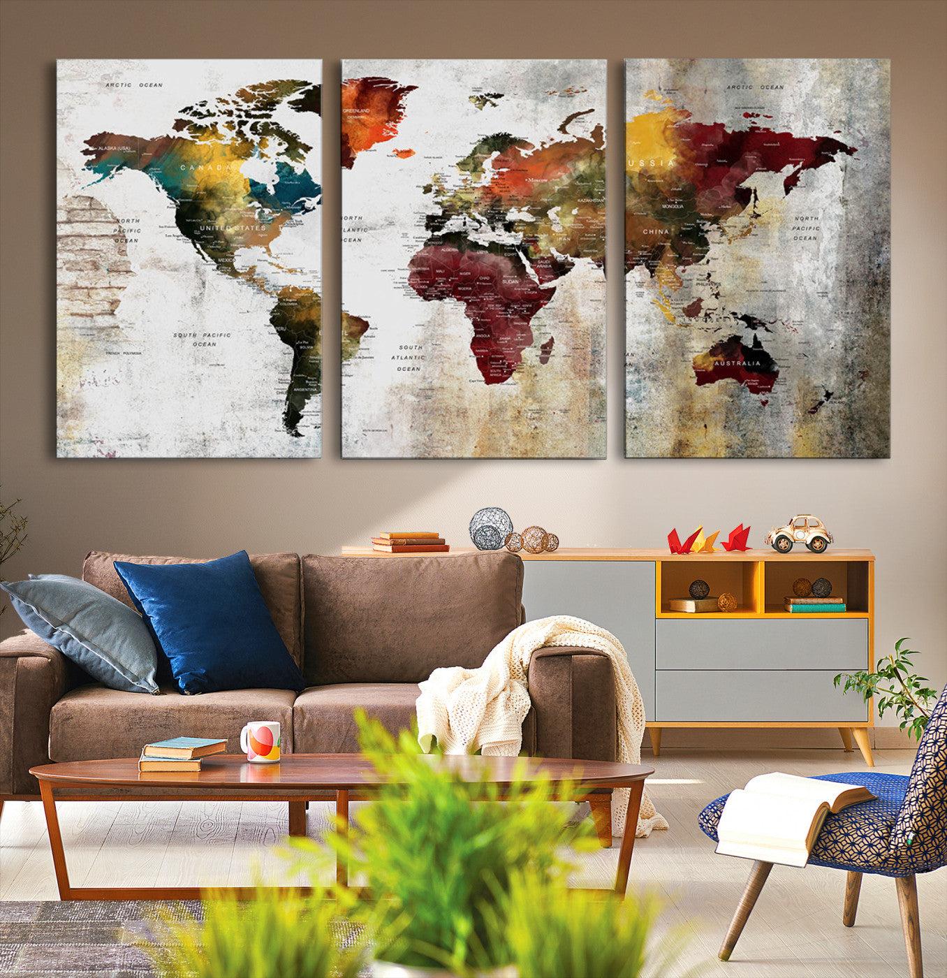 37237-MGV-CV-36X24-Rustic World Map Canvas Print – Framed Push Pin Wall Art for Couples, Vintage Colorful Travel Map Artwork for Stylish Home and Office Decor