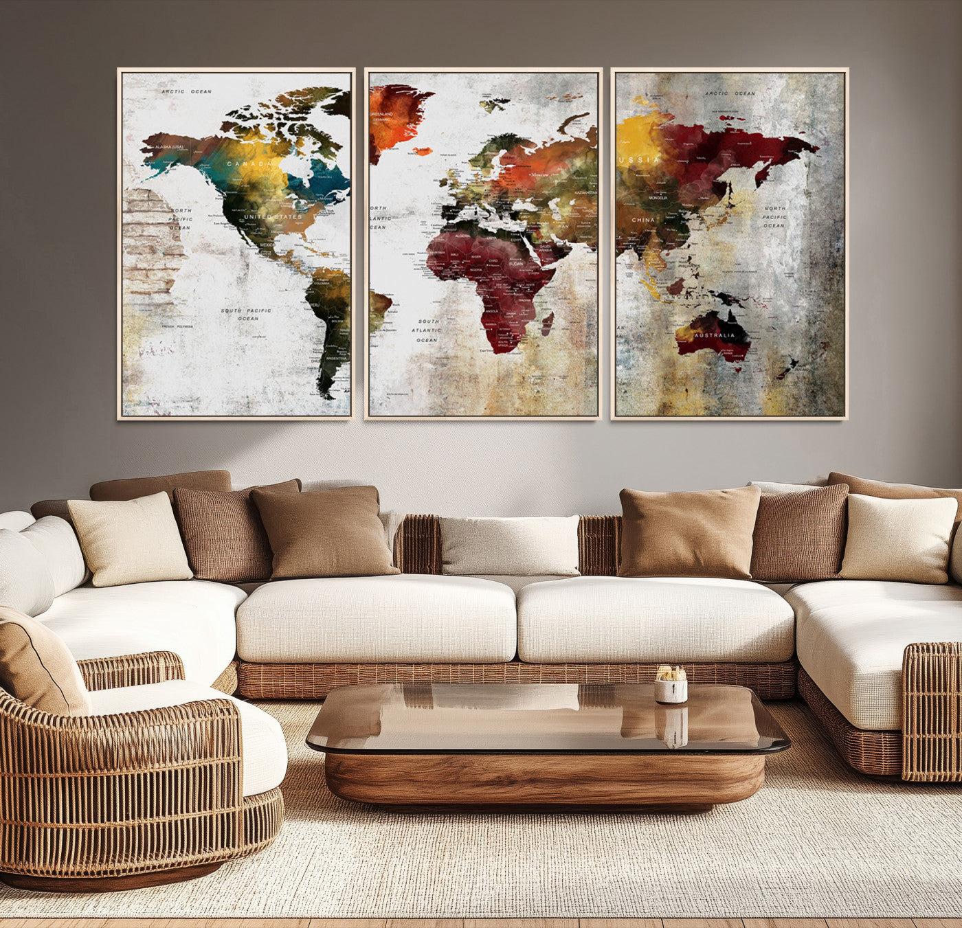 37237-MGV-CV-36X24-Rustic World Map Canvas Print – Framed Push Pin Wall Art for Couples, Vintage Colorful Travel Map Artwork for Stylish Home and Office Decor