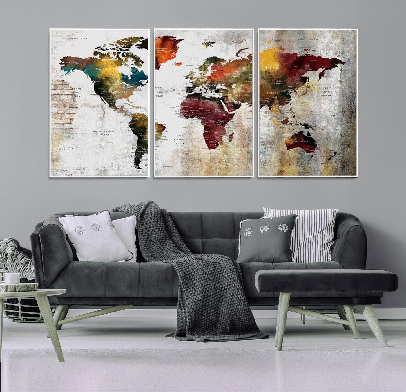 37237-MGV-CV-36X24-Rustic World Map Canvas Print – Framed Push Pin Wall Art for Couples, Vintage Colorful Travel Map Artwork for Stylish Home and Office Decor