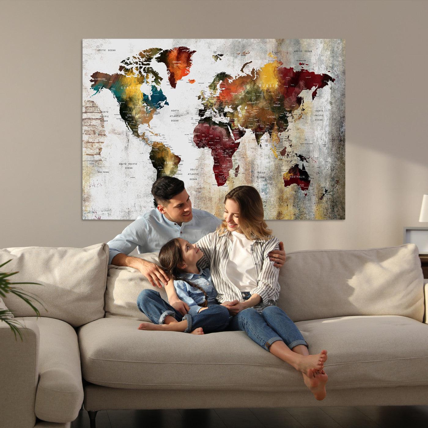 37237-MGV-CV-36X24-Rustic World Map Canvas Print – Framed Push Pin Wall Art for Couples, Vintage Colorful Travel Map Artwork for Stylish Home and Office Decor