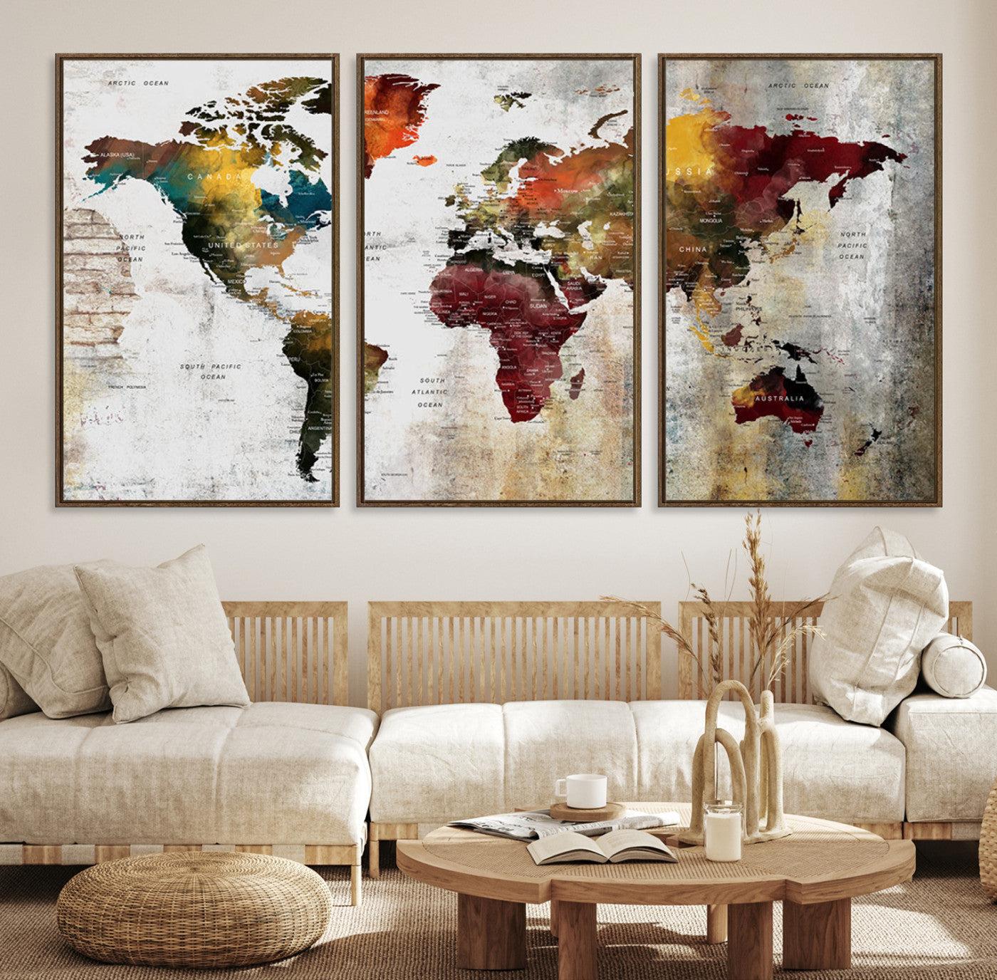 37237-MGV-CV-36X24-Rustic World Map Canvas Print – Framed Push Pin Wall Art for Couples, Vintage Colorful Travel Map Artwork for Stylish Home and Office Decor