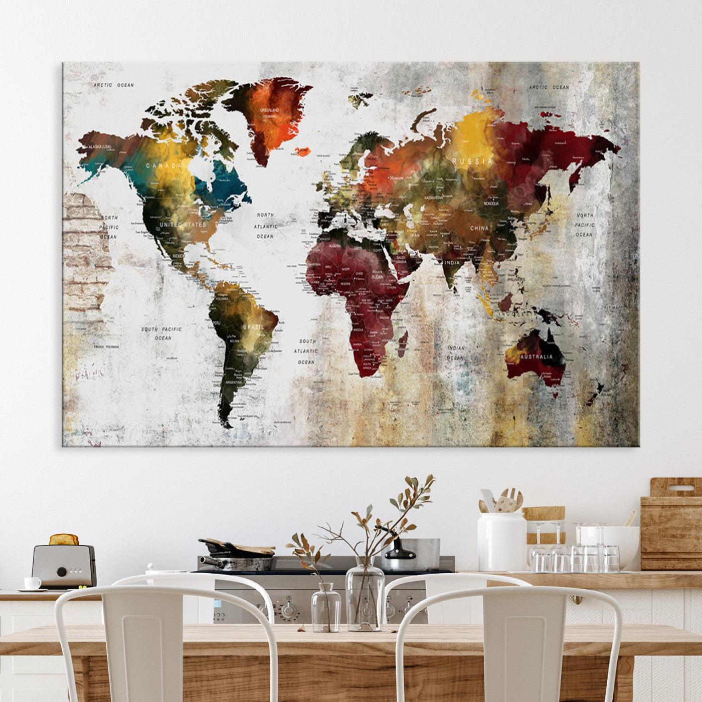 37237-MGV-CV-36X24-Rustic World Map Canvas Print – Framed Push Pin Wall Art for Couples, Vintage Colorful Travel Map Artwork for Stylish Home and Office Decor