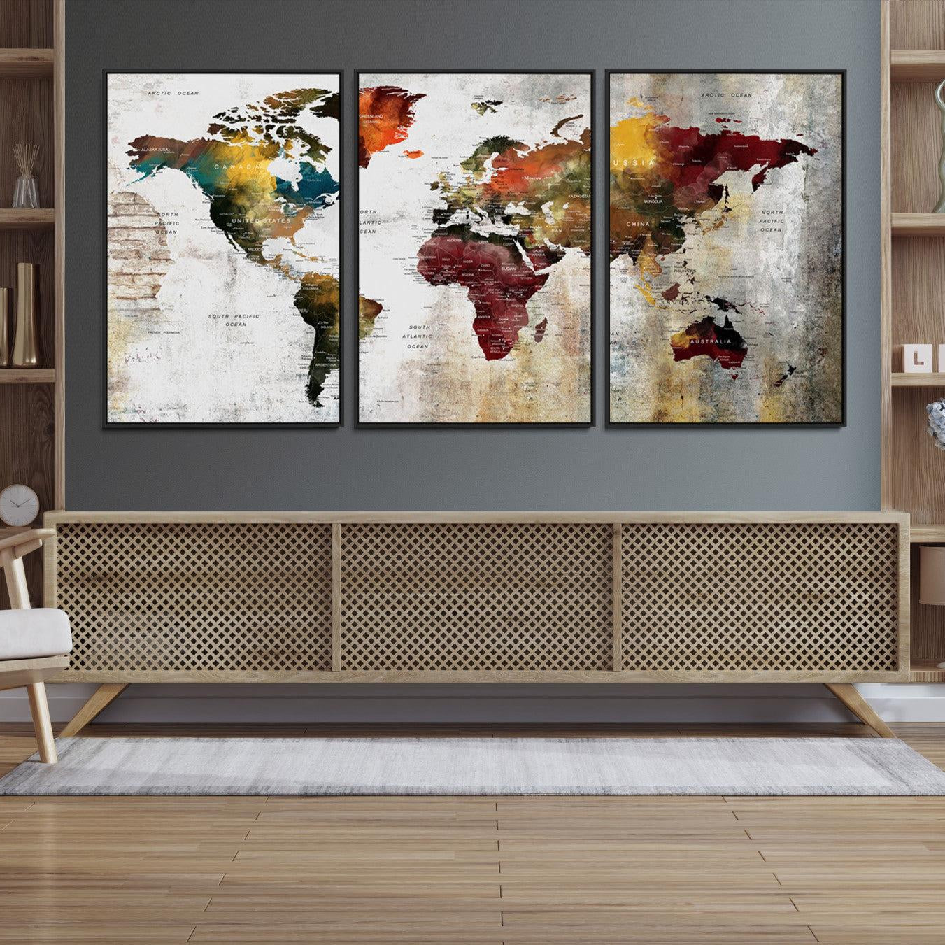 -Push Pin World Map Canvas Print – Framed Wall Art for Couples to Track Their Travels – Anniversary
