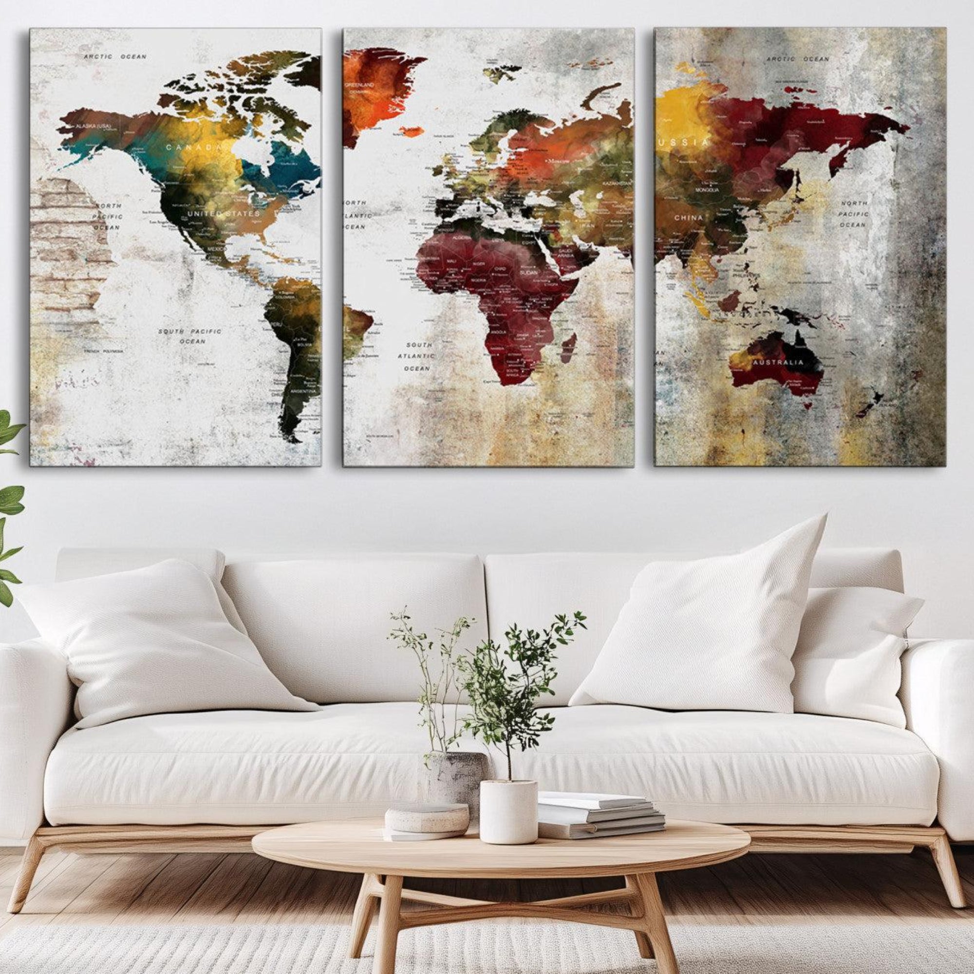 37237-MGV-CV-60X30-3P-Rustic World Map Canvas Print – Framed Push Pin Wall Art for Couples, Vintage Colorful Travel Map Artwork for Stylish Home and Office Decor