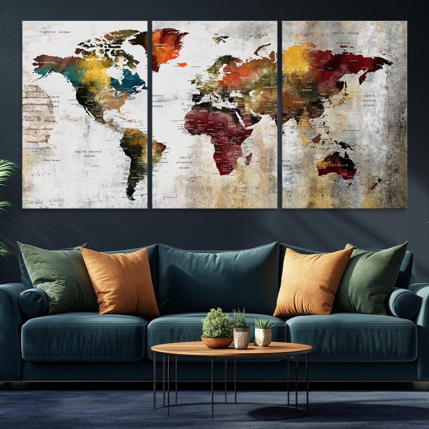 37237-MGV-CV-36X24-Rustic World Map Canvas Print – Framed Push Pin Wall Art for Couples, Vintage Colorful Travel Map Artwork for Stylish Home and Office Decor