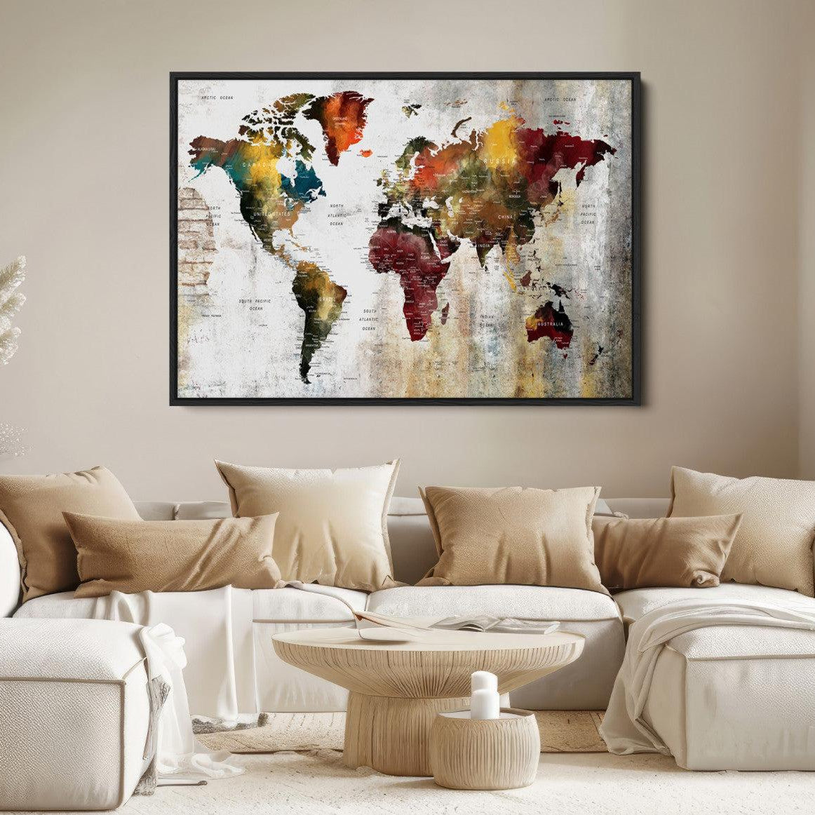 37237-MGV-FC-36X24_Black-Rustic World Map Canvas Print – Framed Push Pin Wall Art for Couples, Vintage Colorful Travel Map Artwork for Stylish Home and Office Decor