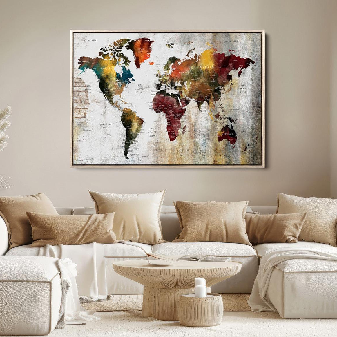 37237-MGV-FC-36X24_Natural-Rustic World Map Canvas Print – Framed Push Pin Wall Art for Couples, Vintage Colorful Travel Map Artwork for Stylish Home and Office Decor