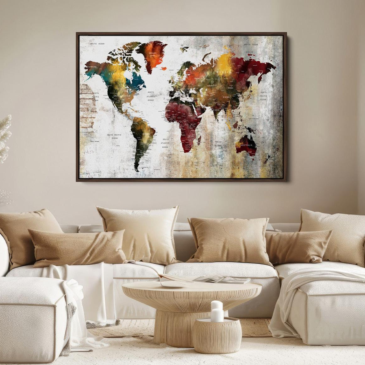 37237-MGV-FC-36X24_Walnut-Rustic World Map Canvas Print – Framed Push Pin Wall Art for Couples, Vintage Colorful Travel Map Artwork for Stylish Home and Office Decor