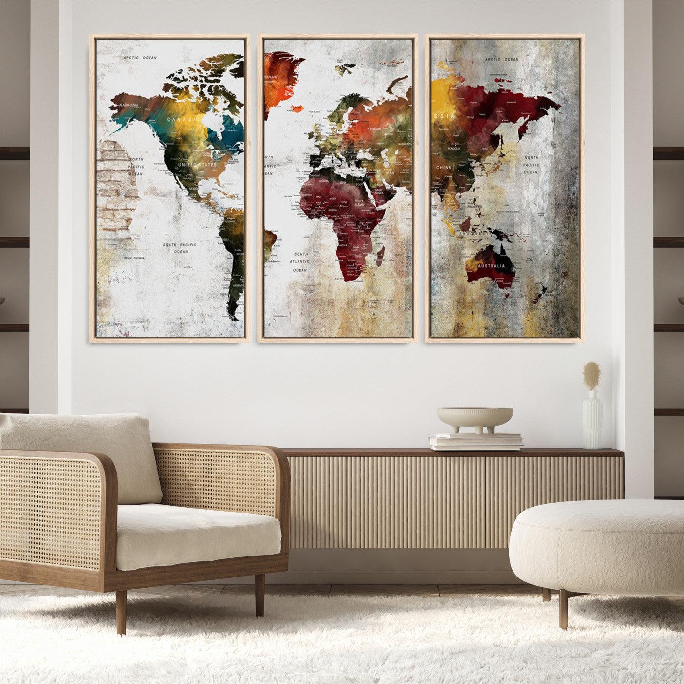 37237-MGV-FC-60X40-3P_Natural-Push Pin World Map Canvas Print – Framed Wall Art for Couples to Track Their Travels – Anniversary