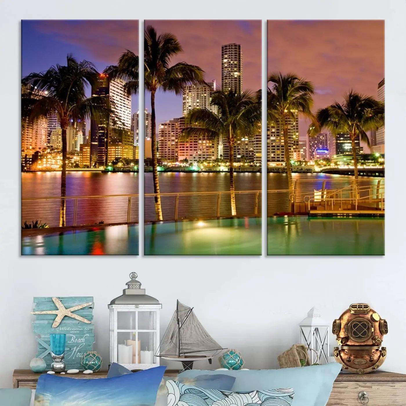 46534-MGV-CV-48X32-3P-Wall Art MIAMI Canvas Print Miami Skyline with Palms
