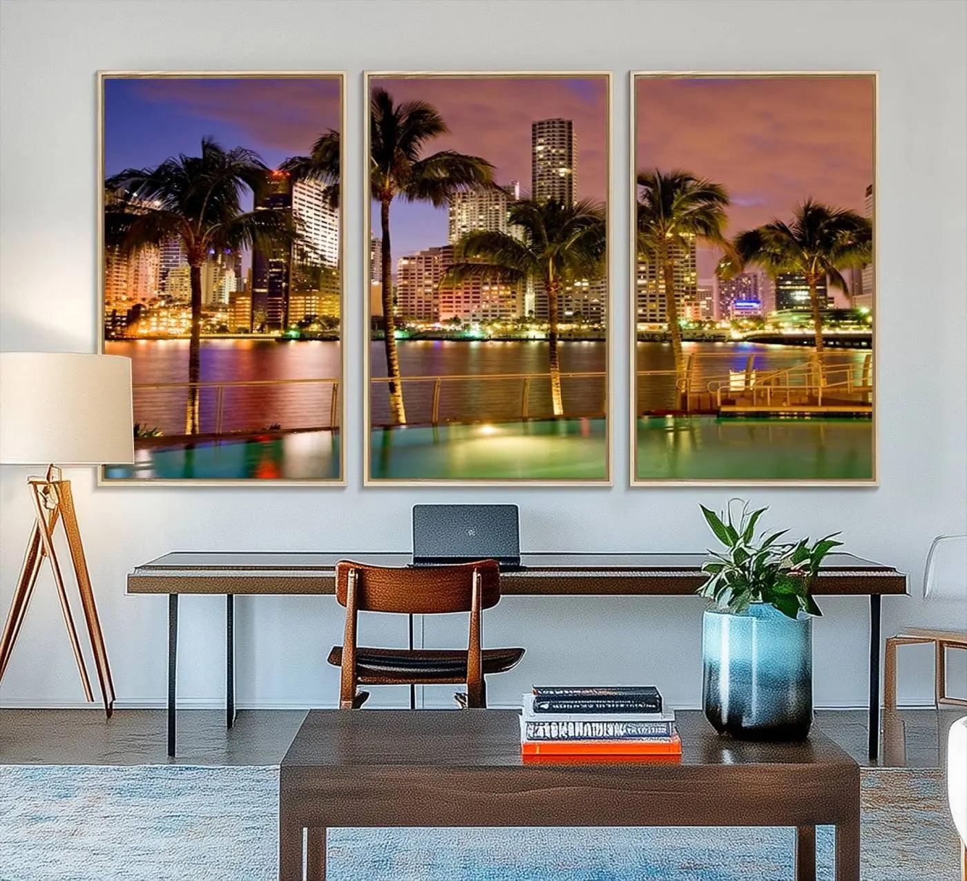 46534-MGV-FC-48X32-3P_Natural-Wall Art MIAMI Canvas Print Miami Skyline with Palms