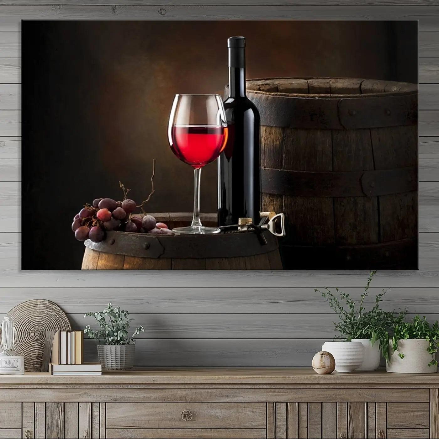 -Wall Art Red Wine Bottle and Tun Canvas Print