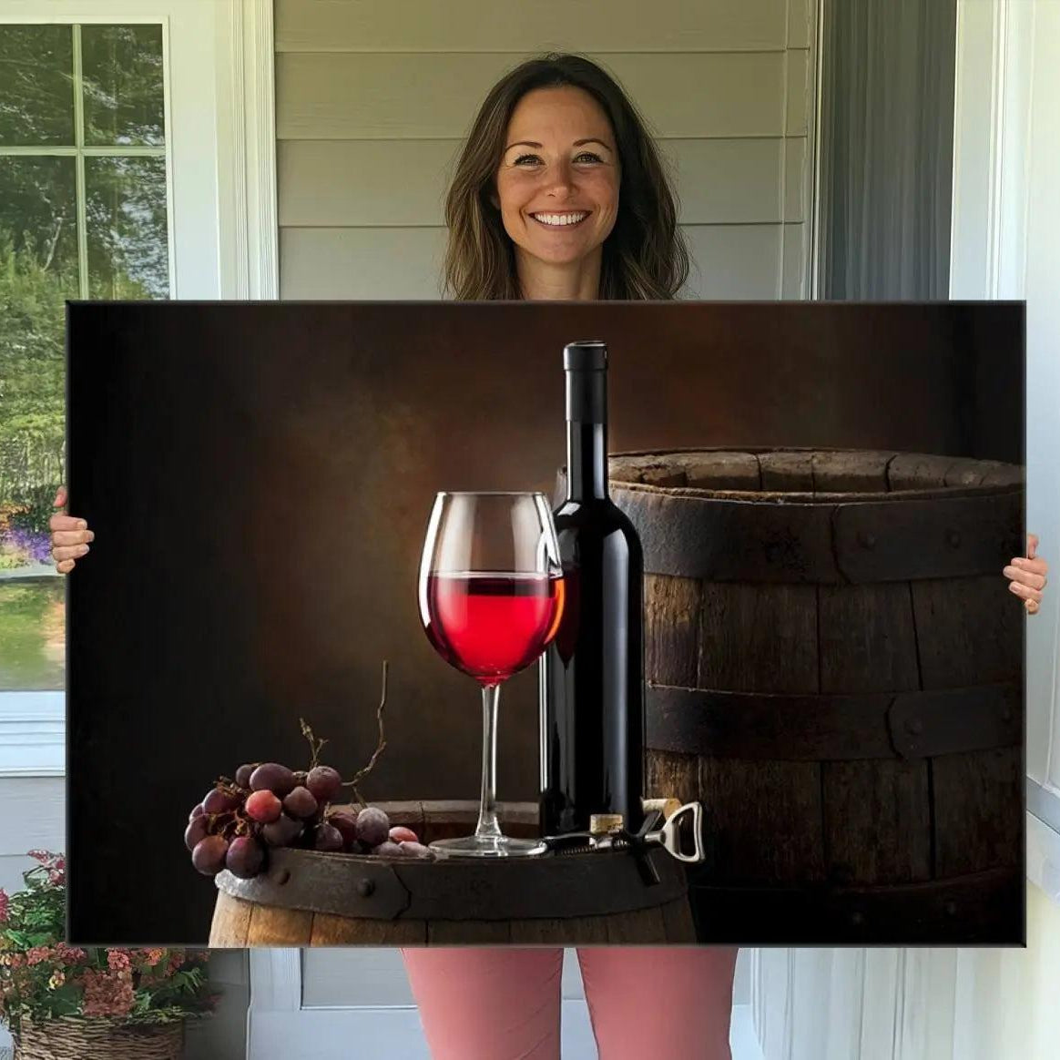 -Wall Art Red Wine Bottle and Tun Canvas Print
